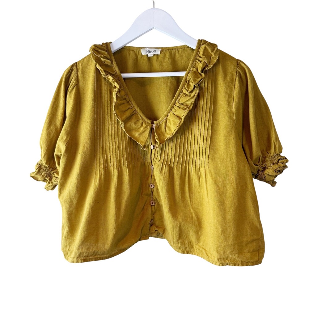 Nicoli Ruffle Collar Short Sleeve Button Down Blouse - Mustard Yellow, M
